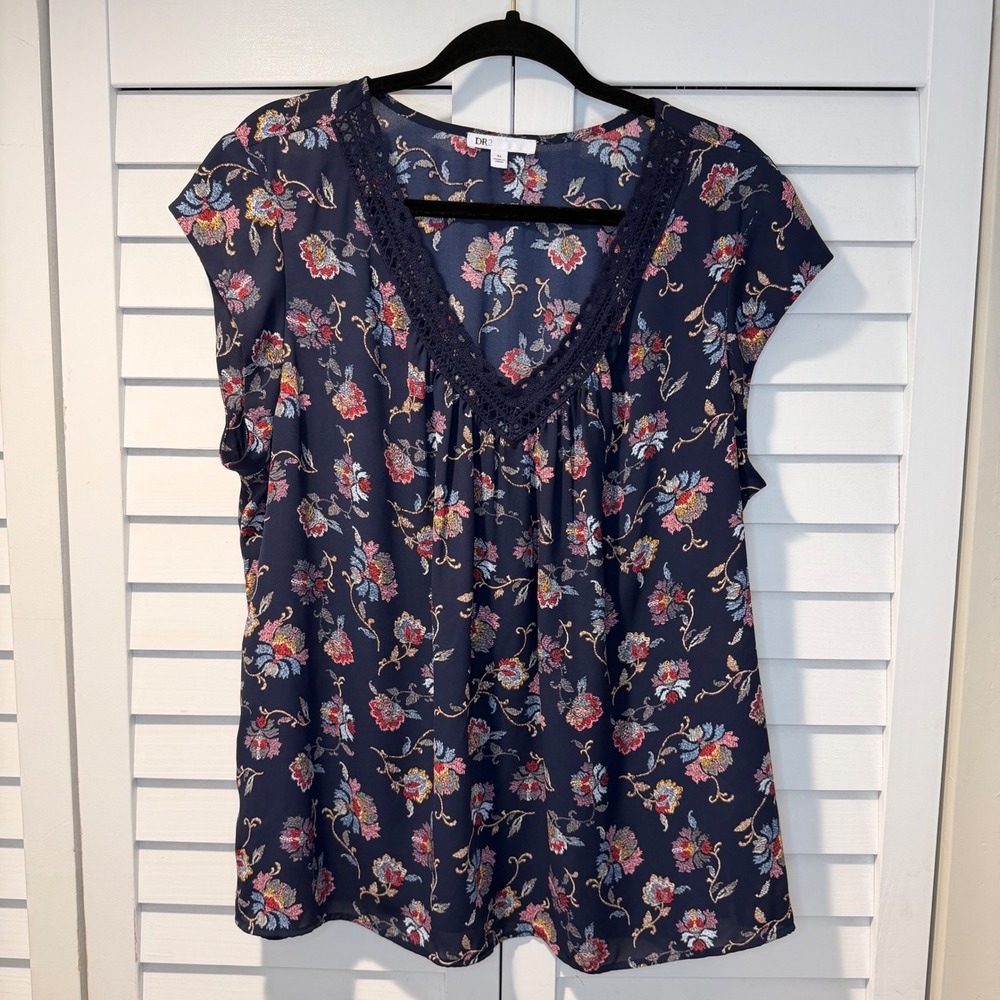 DR2‎ Floral Print V Neck Crochet Trim Cap Sleeve Blouse Boho Flowy Tunic Top XL